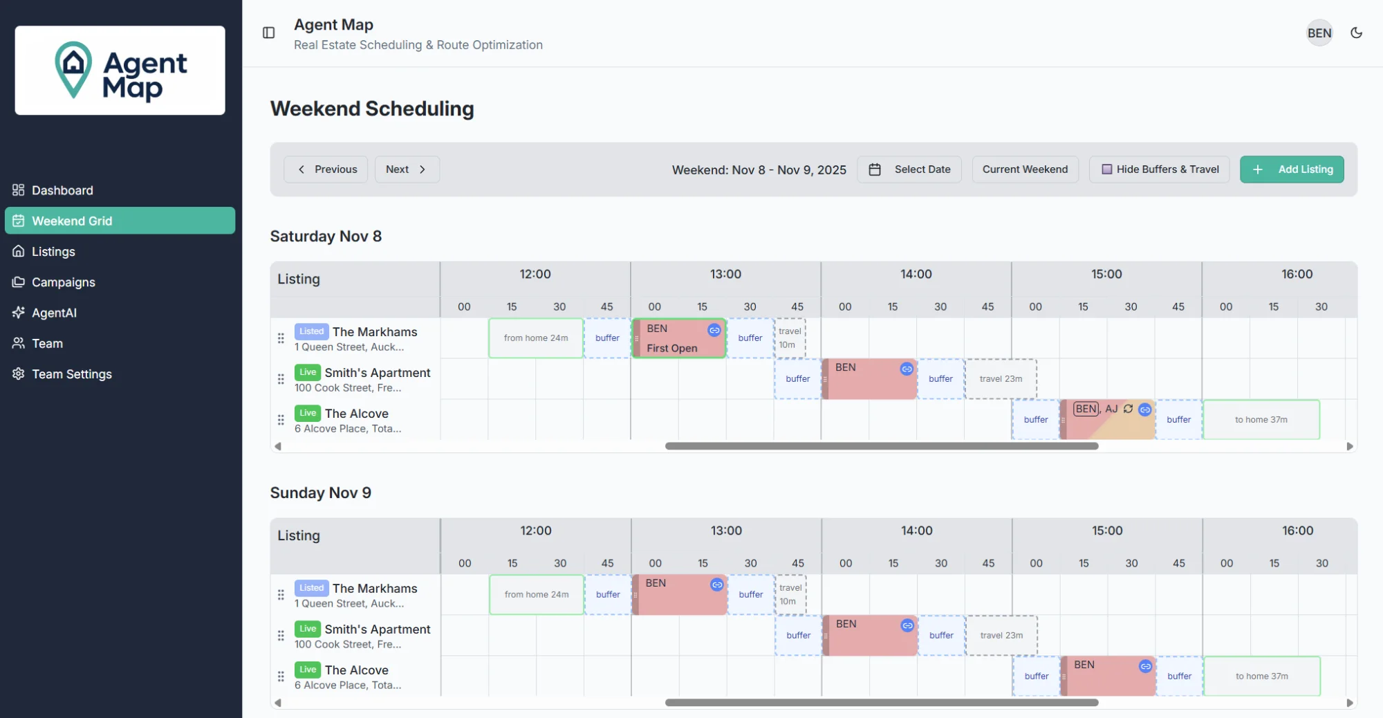 AgentMap visual scheduling showing multiple properties across Saturday and Sunday that can be grouped into campaigns and updated together