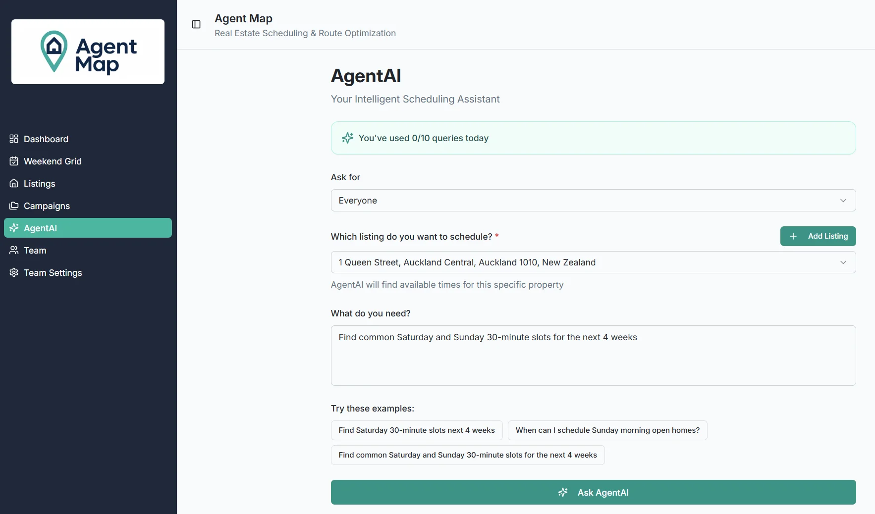 AgentAI intelligent scheduling assistant interface showing natural language query and smart time slot suggestions